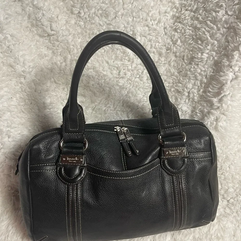 Tignanello leather black Medium Satchel silver tone hardwares.
